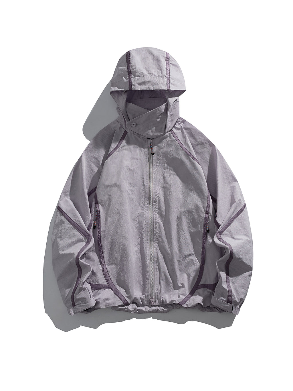 Purple Pink jacket — flat front view with the hood, sleeves and hem laid out