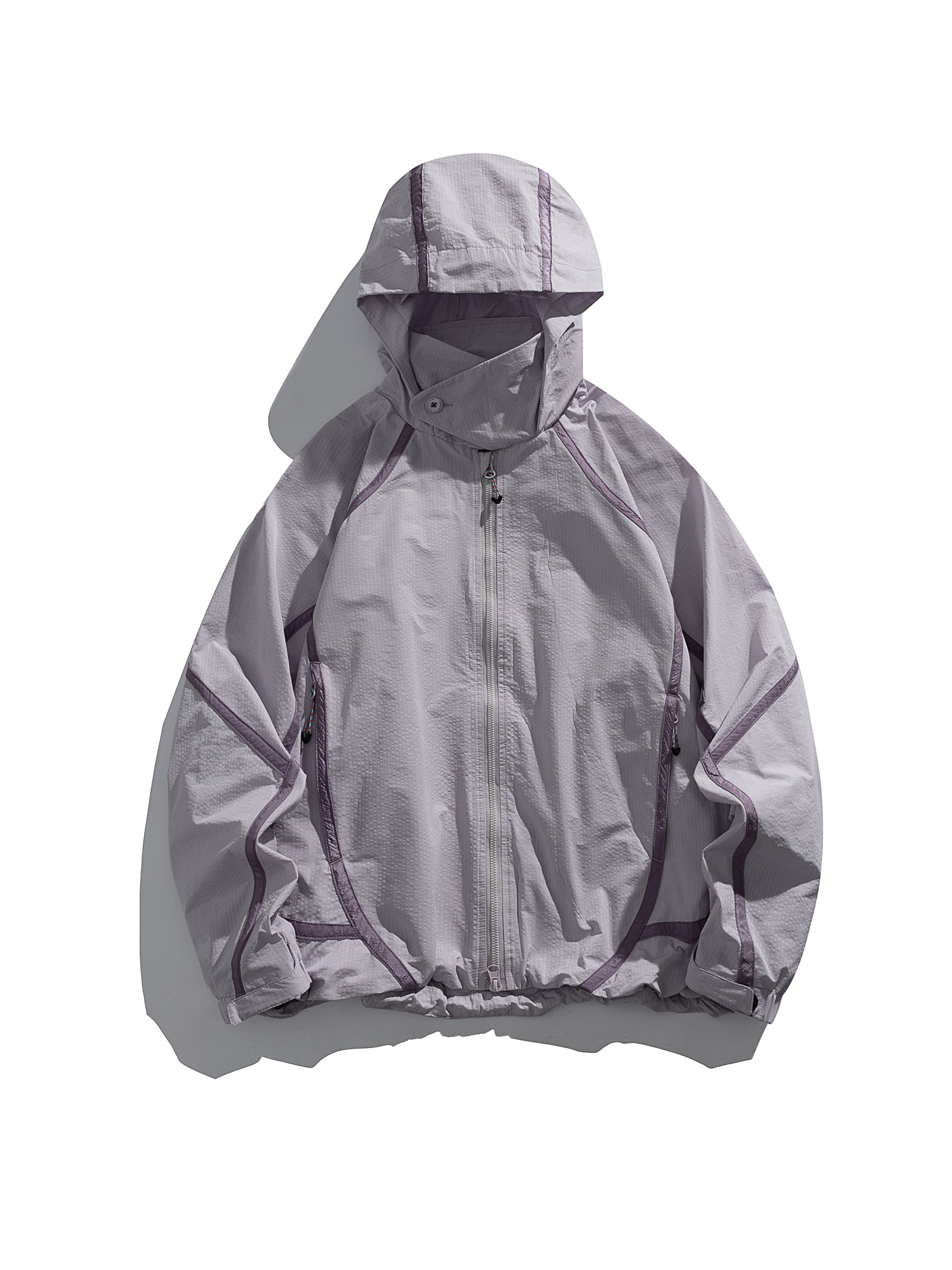 Purple Pink jacket — flat front view with the hood, sleeves and hem laid out