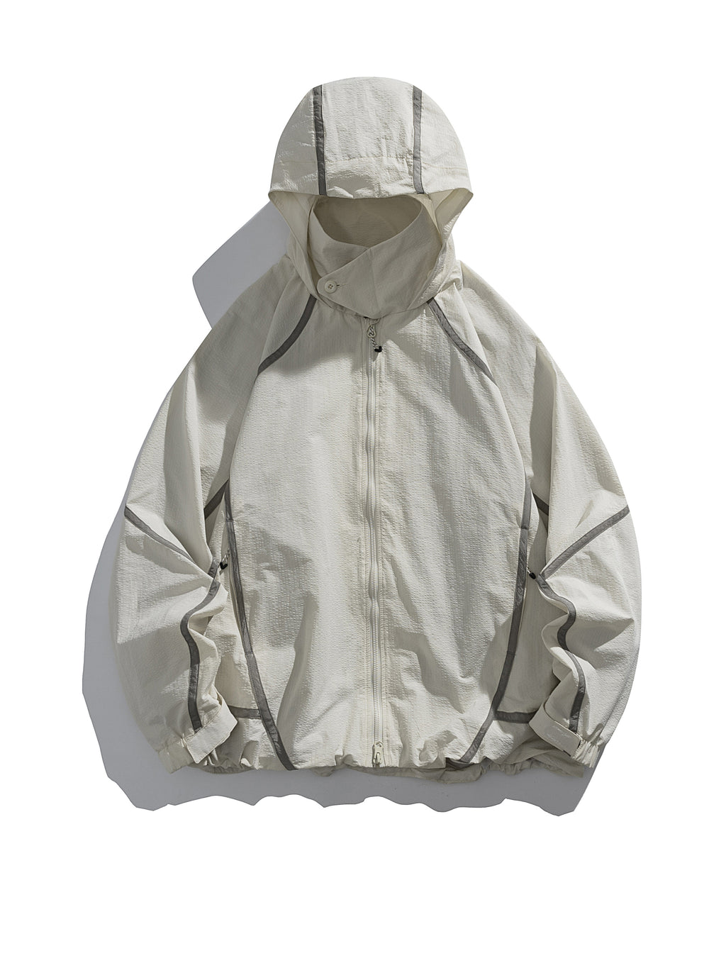 Gray White jacket — flat front view with the hood, sleeves and hem laid out