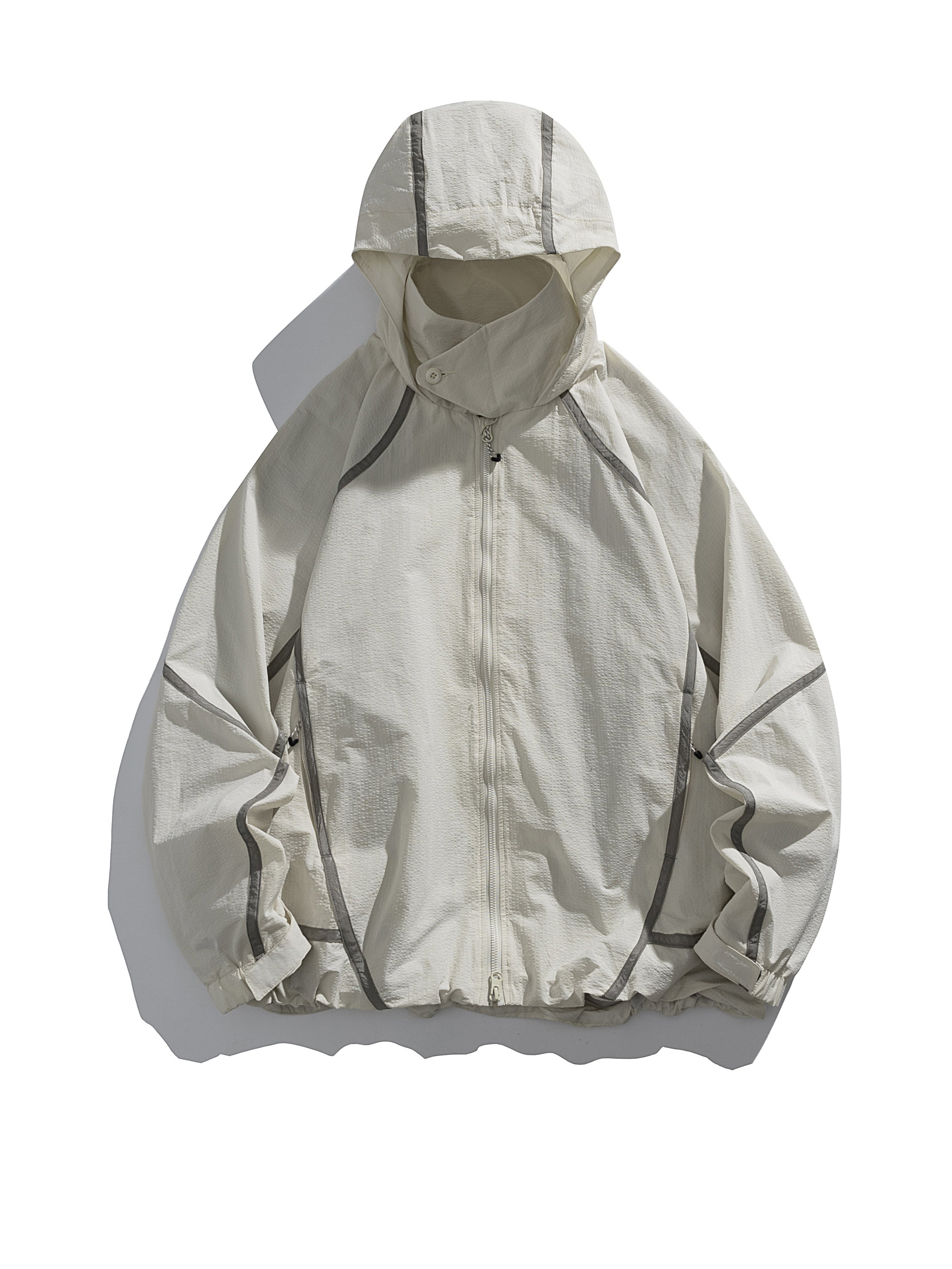 Gray White jacket — flat front view with the hood, sleeves and hem laid out