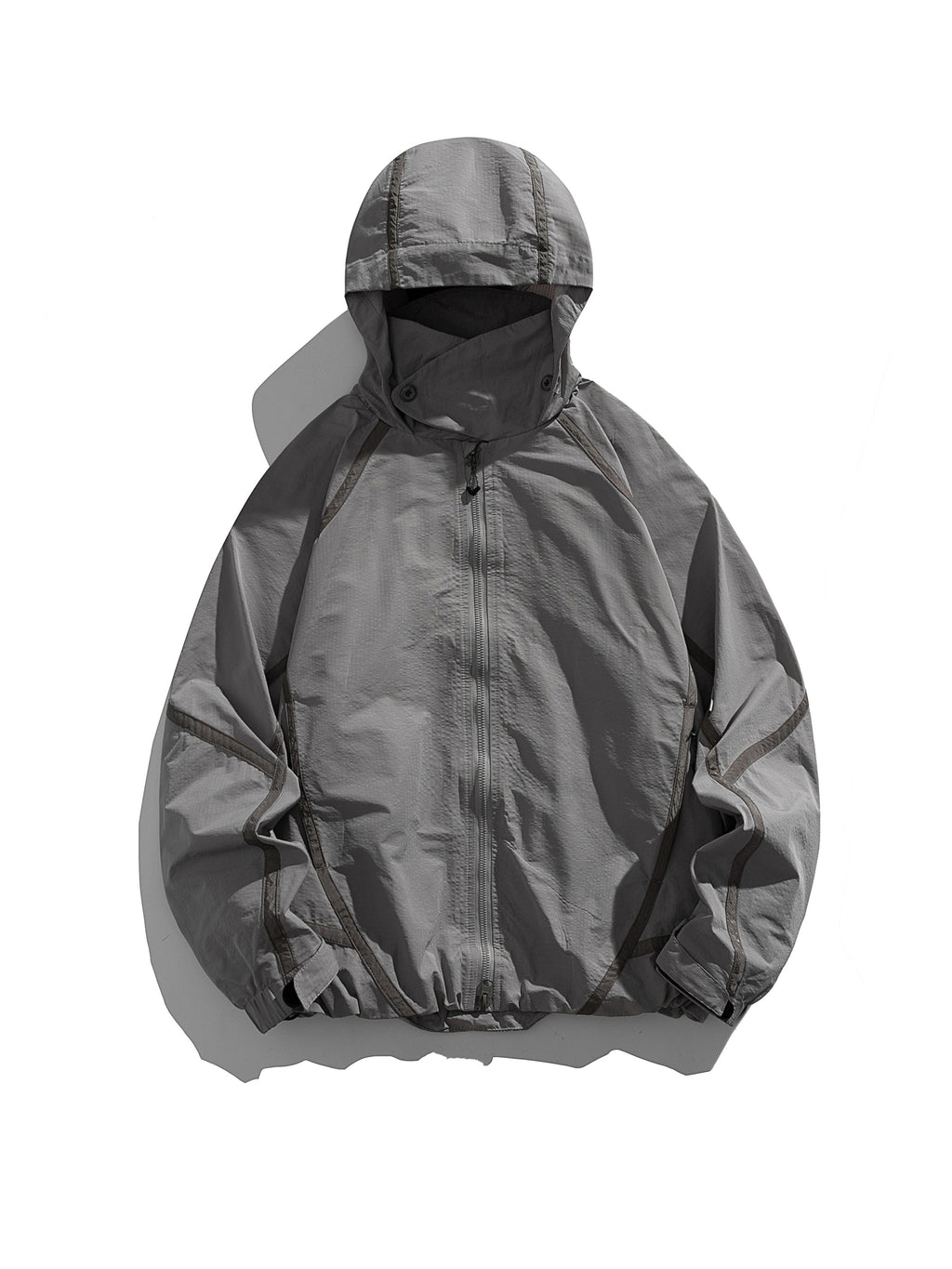Gray jacket — flat front view with the hood, sleeves and hem laid out
