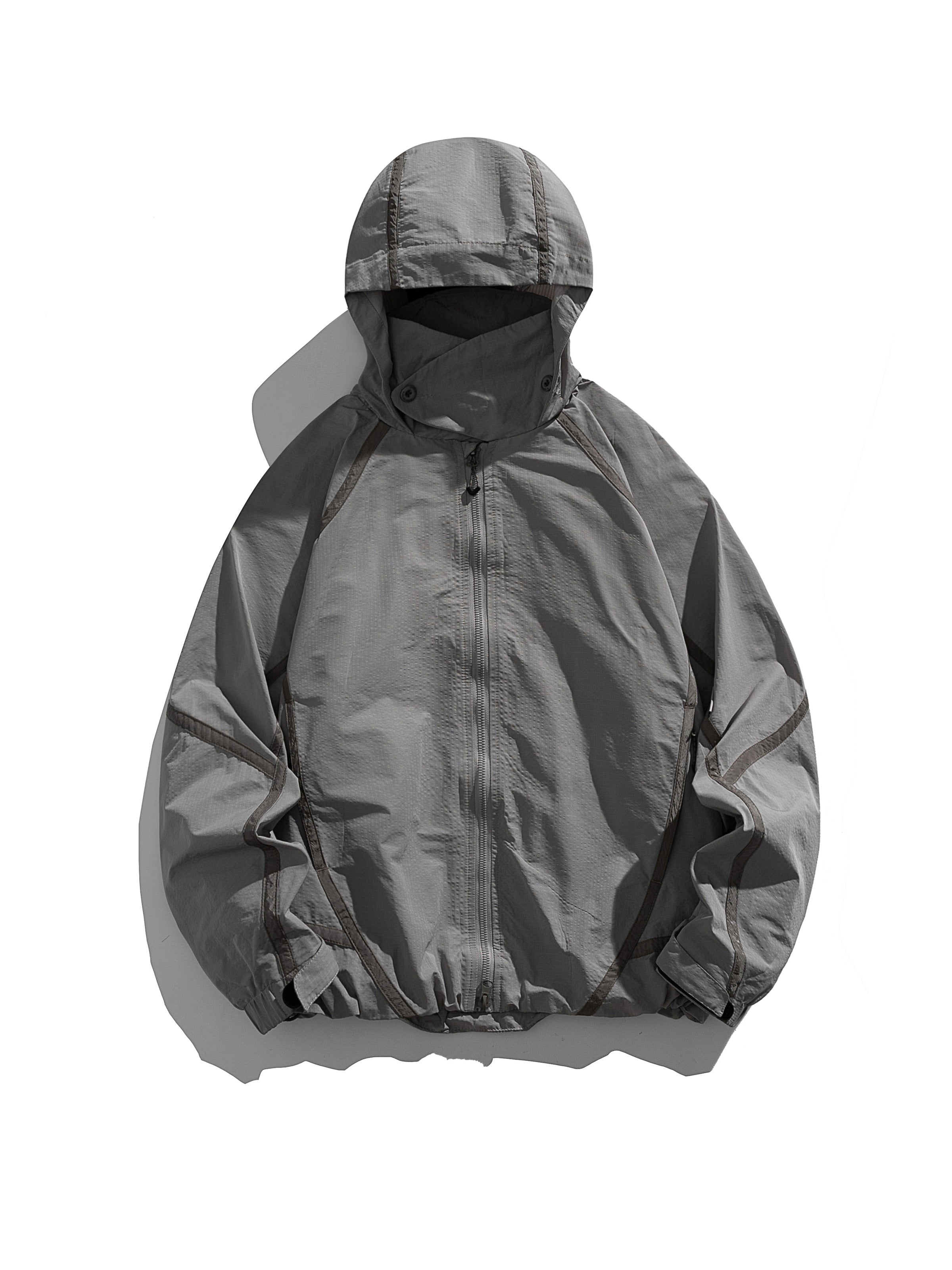 Gray jacket — flat front view with the hood, sleeves and hem laid out