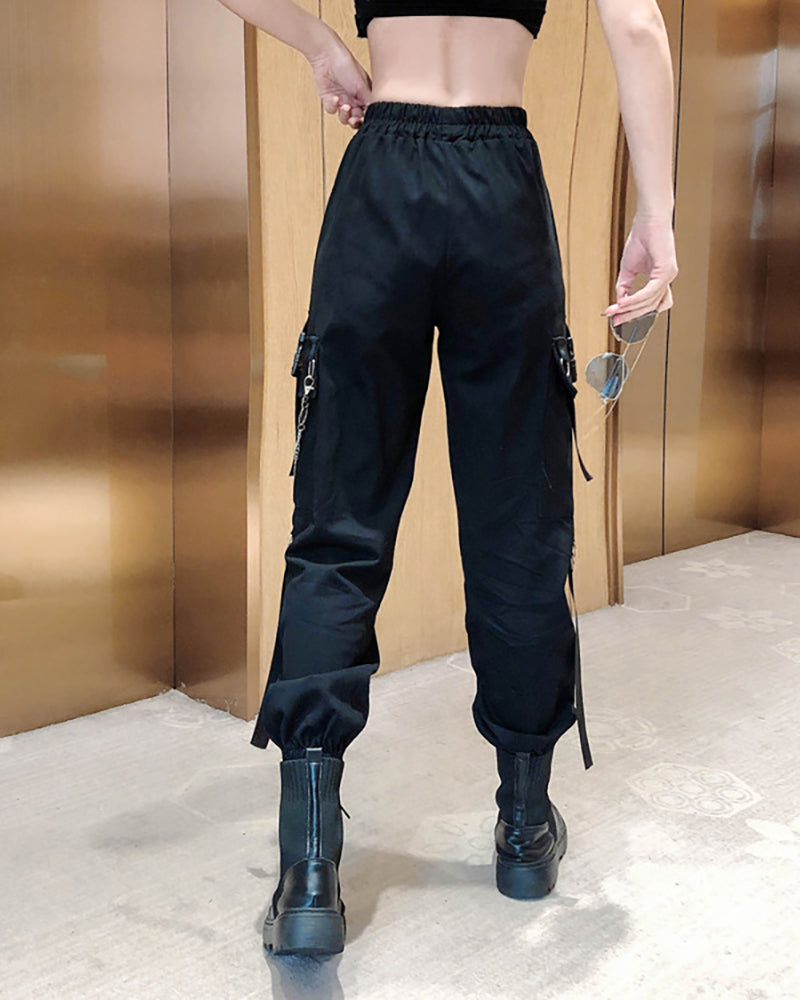 Techwear Cool Women Black Chain Cargo Pants Zeroph