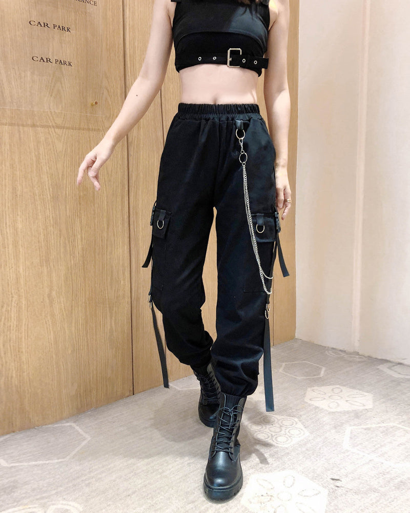 Techwear Cool Women Black Chain Cargo Pants Zeroph