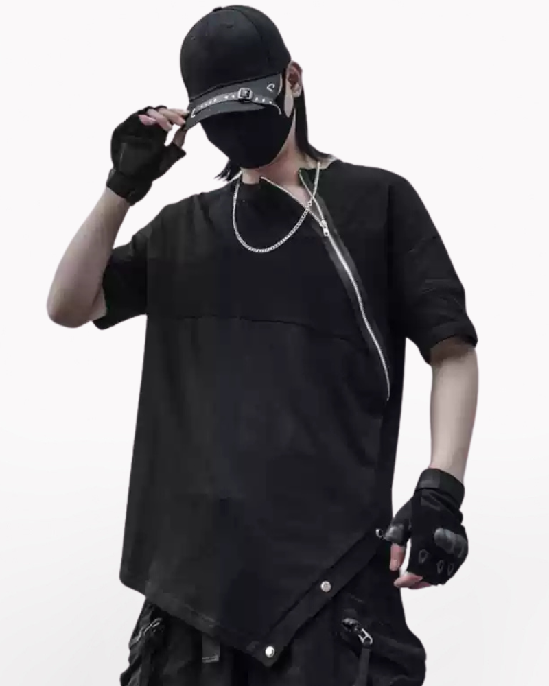 Functional Irregular Stitching Zipper Triangle Hem T-Shirt Zeroph