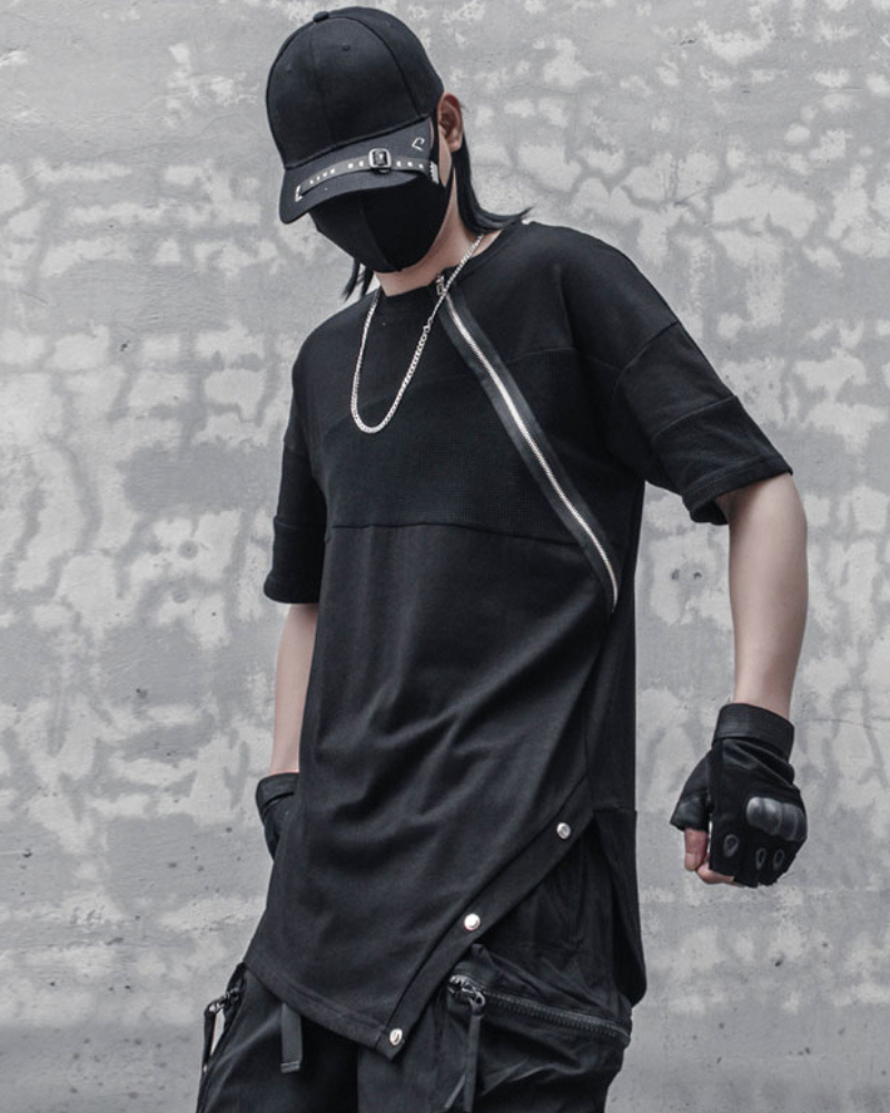 Functional Irregular Stitching Zipper Triangle Hem T-Shirt Zeroph