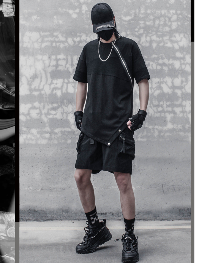 Functional Irregular Stitching Zipper Triangle Hem T-Shirt Zeroph